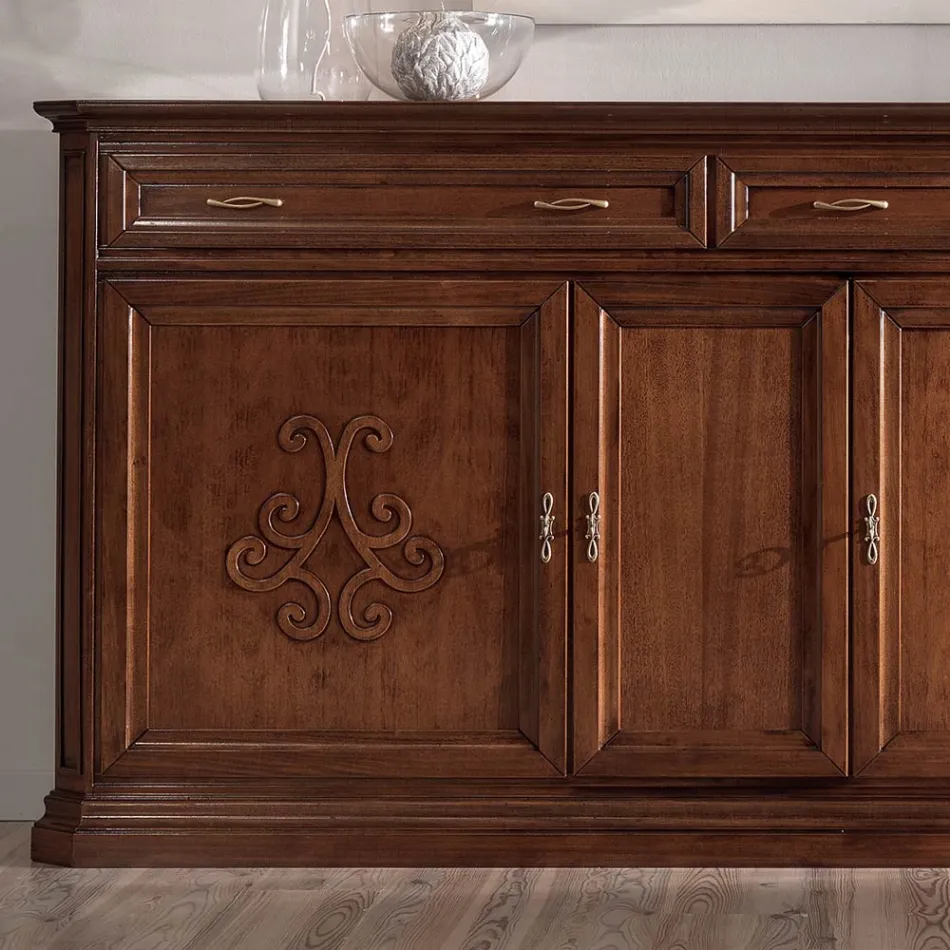 Credenza in Legno Finitura Noce Patinato con Decoro Giglio Made in Italy - Ciliegia Viadurini