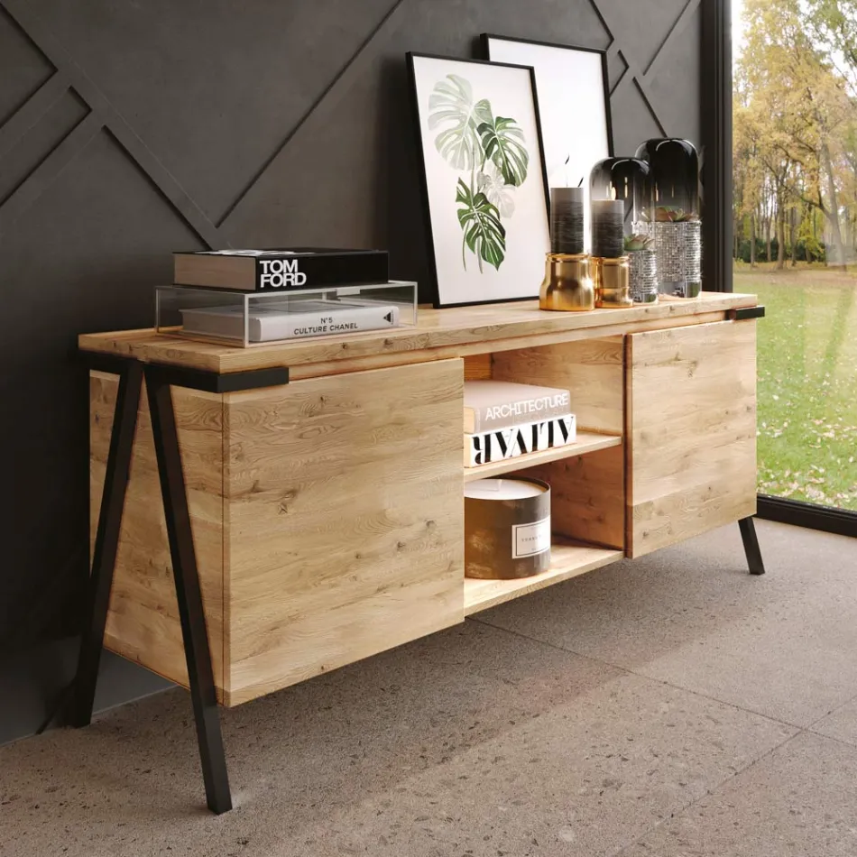 Credenza in Legno Rovere e Metallo con 2 Ante e Vano a Giorno Made in Italy - Jennifer Viadurini