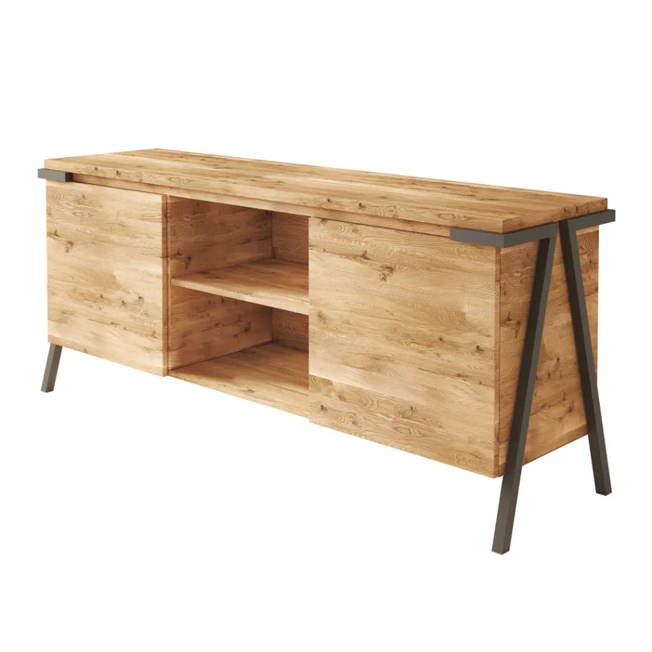 Credenza in Legno Rovere e Metallo con 2 Ante e Vano a Giorno Made in Italy - Jennifer Viadurini