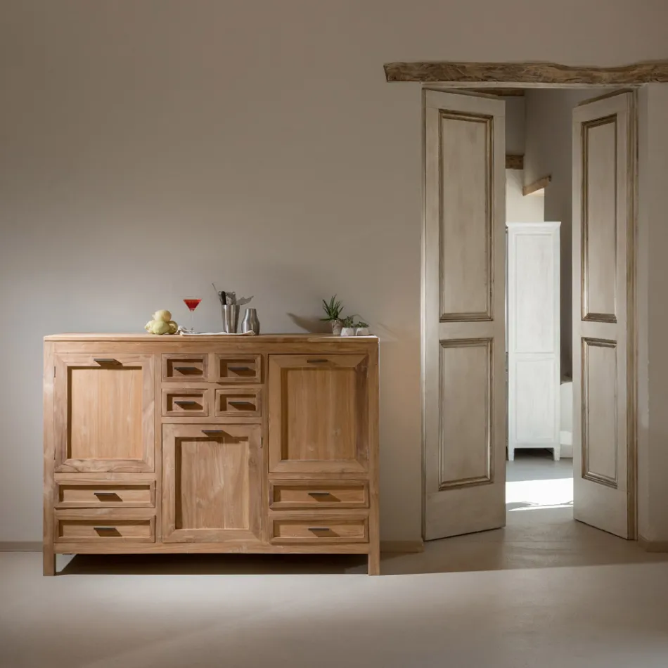 Credenza in Teak Massello con 3 Ante e 8 Cassetti - Quan Viadurini