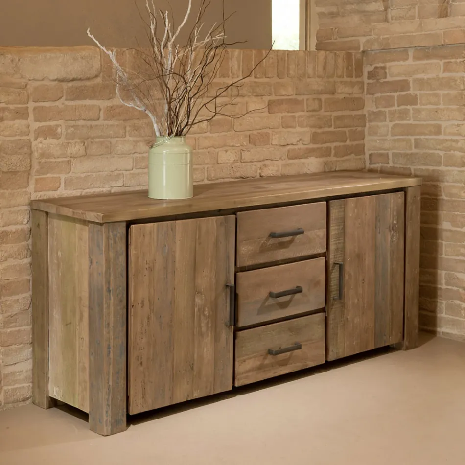 Credenza Living con 2 Ante e 3 Cassetti Centrali in Legno Riciclato - Slide Viadurini
