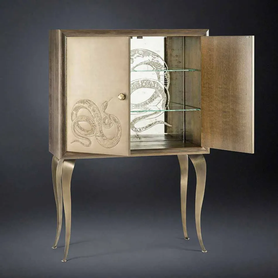 Credenza moderna con 2 ante in legno massello e pelle anilina Joy Viadurini