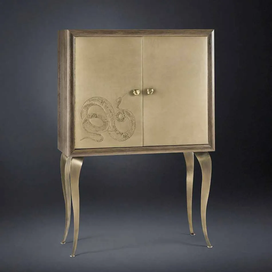 Credenza moderna con 2 ante in legno massello e pelle anilina Joy Viadurini