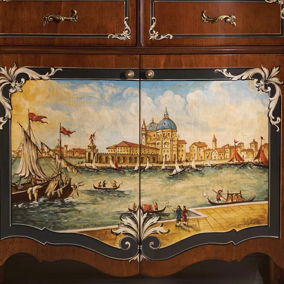 Credenza Soggiorno in Legno con Decoro Veneziano Made in Italy - Ottaviano Viadurini