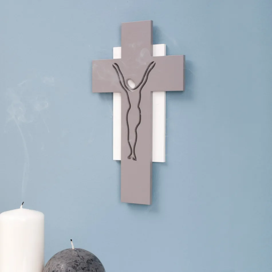 Crocefisso Bianco e Grigio Realizzato con Incisione Laser Made in Italy - Nadia Viadurini