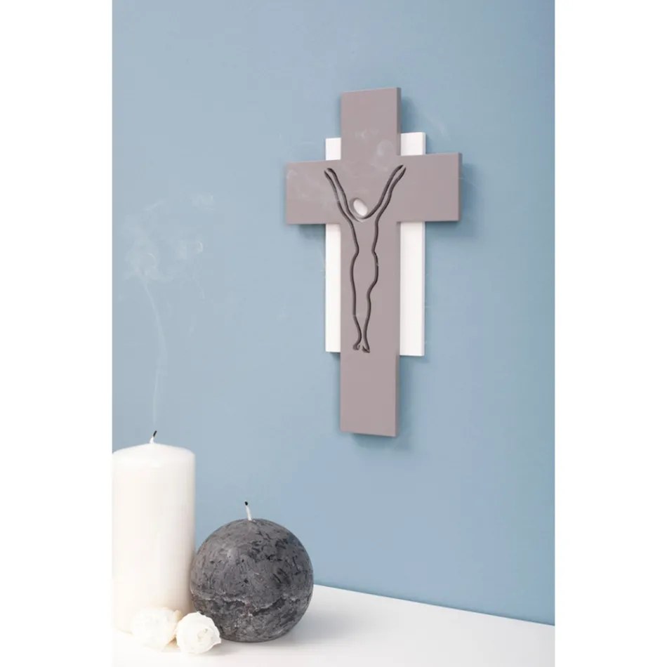 Crocefisso Bianco e Grigio Realizzato con Incisione Laser Made in Italy - Nadia Viadurini