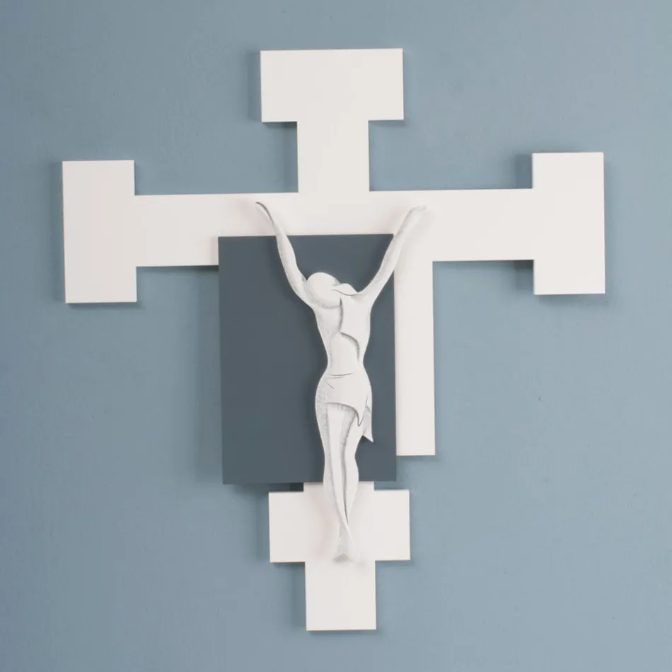 Crocefisso Realizzato con Incisione Laser Bianco e Ghiaia Made in Italy - Evelina Viadurini