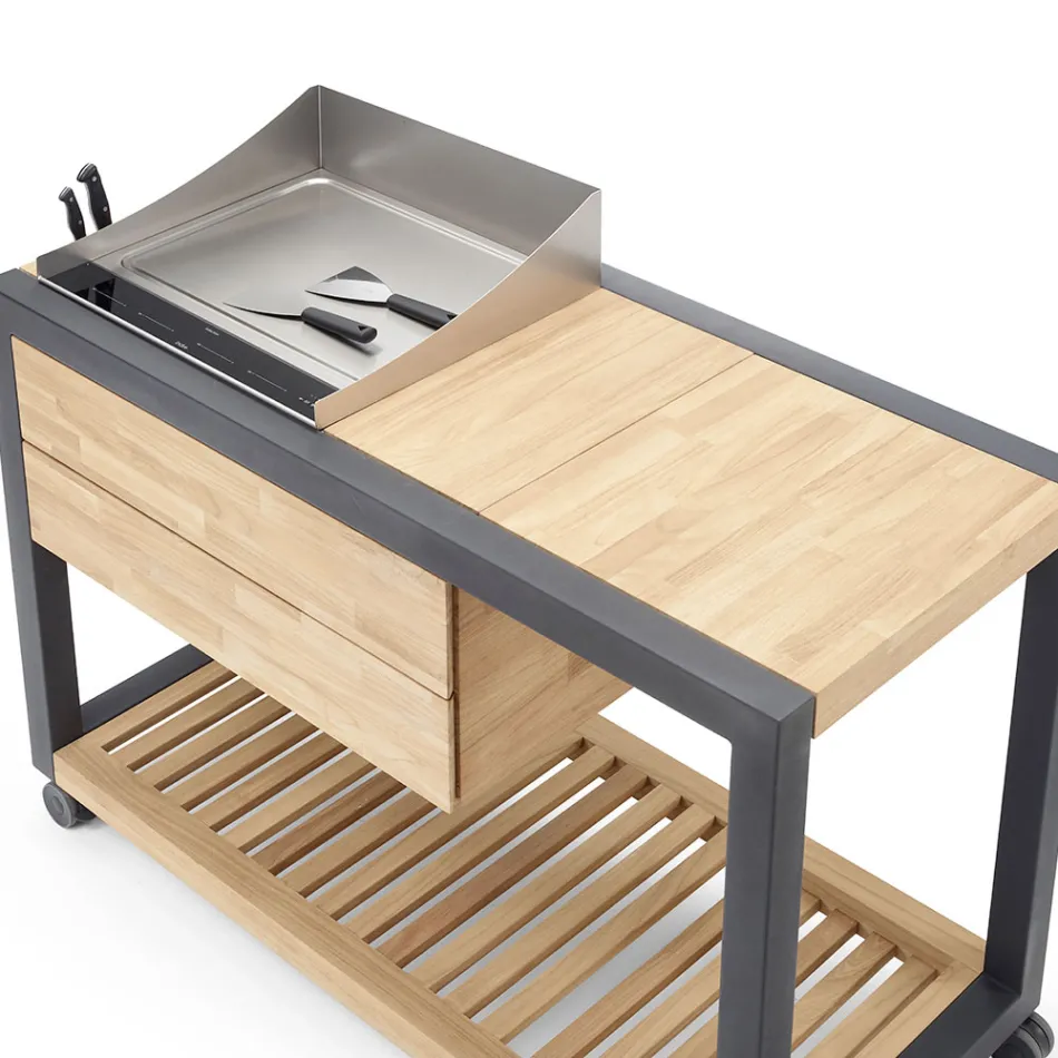 Cucina da Esterno 140x65x93 cm Realizzata in Teak Massiccio e Alluminio - Conviviale Viadurini