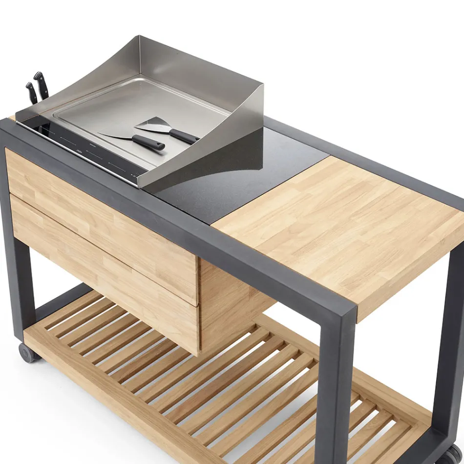 Cucina da Esterno 140x65x93 cm Realizzata in Teak Massiccio e Alluminio - Conviviale Viadurini
