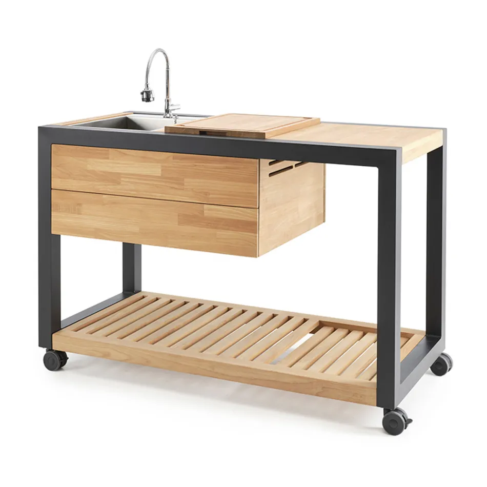 Cucina da Esterno 140x65x93 cm Realizzata in Teak Massiccio e Alluminio - Conviviale Viadurini