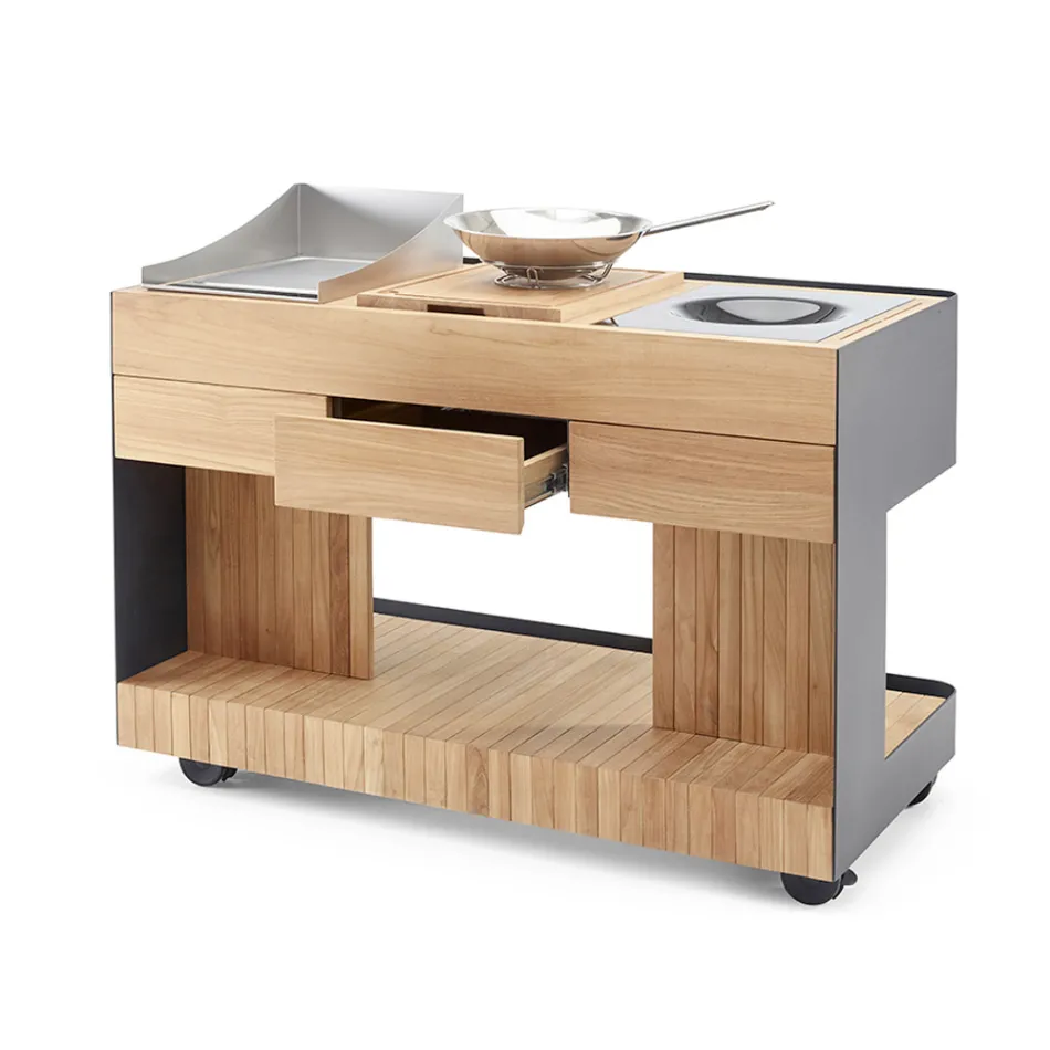 Cucina da Esterno 141x70x93 cm Realizzata in Teak Massiccio e Alluminio - Stilosa Viadurini