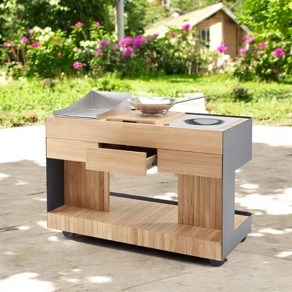Cucina da Esterno 141x70x93 cm Realizzata in Teak Massiccio e Alluminio - Stilosa Viadurini