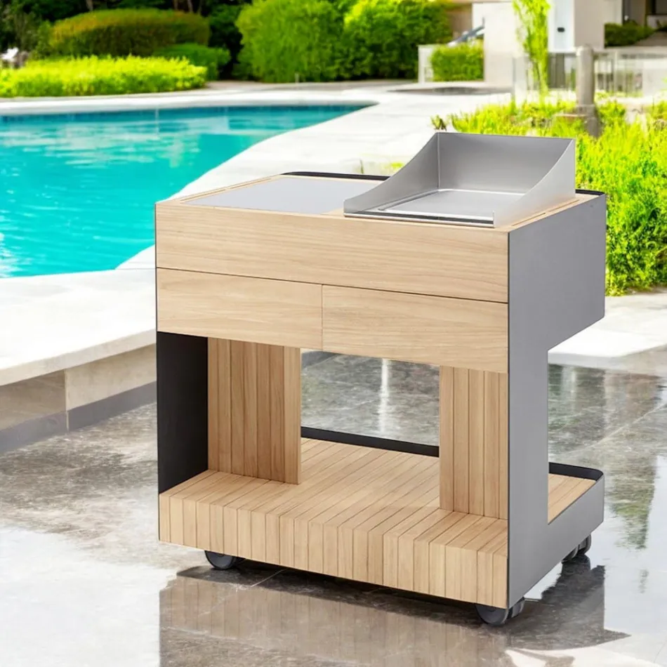 Cucina da Esterno 96x70x93 cm Realizzata in Teak Massiccio e Alluminio - Raffinata Viadurini
