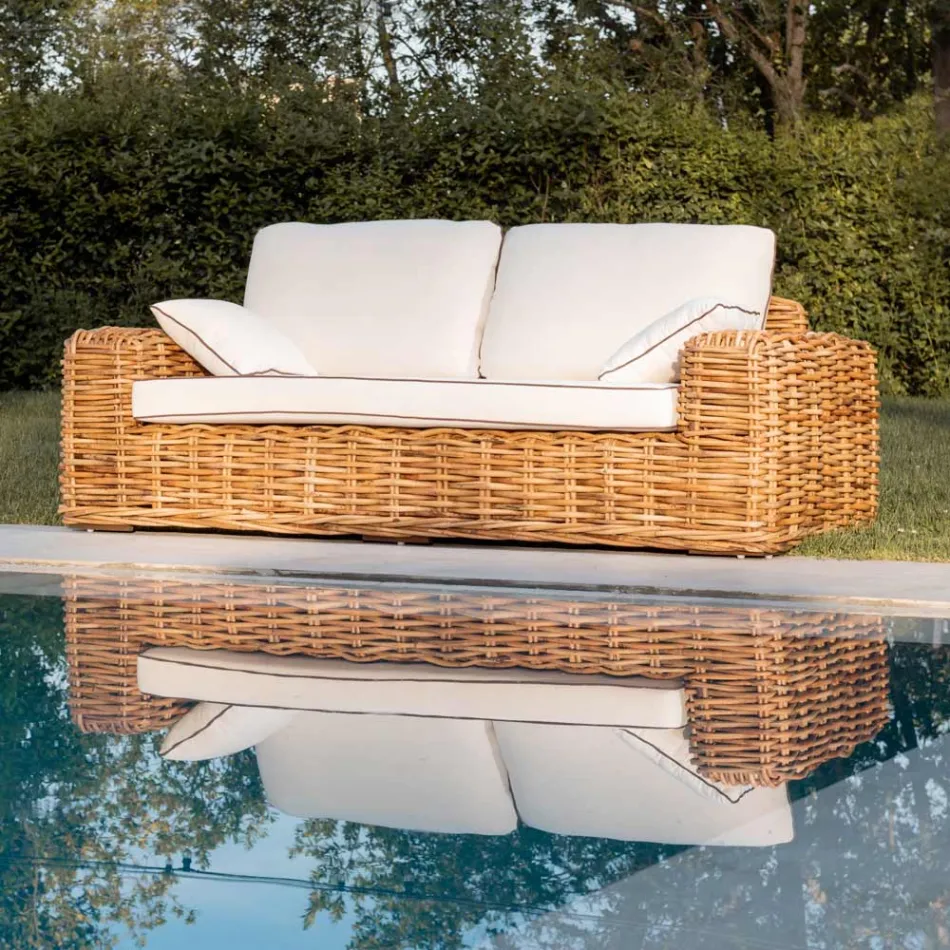 Divano 3 Posti o Maxi da Giardino in Rattan Naturale con Cuscini – Keira Viadurini