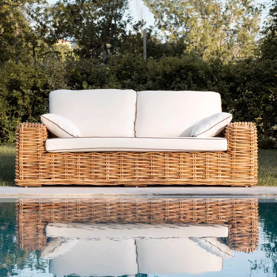 Divano 3 Posti o Maxi da Giardino in Rattan Naturale con Cuscini – Keira Viadurini