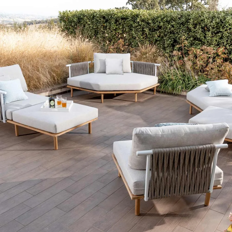 Divano Angolare Esagonale da Giardino in Teak e Corda - Bellatrix Viadurini