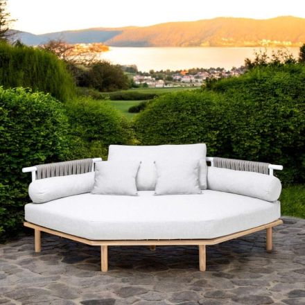 Divano Angolare Esagonale da Giardino in Teak e Corda - Bellatrix Viadurini