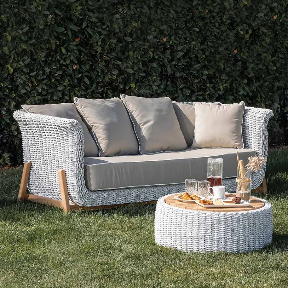 Divano da Giardino 3 Posti in Teak ed Intreccio in Corda - Arjuna Viadurini