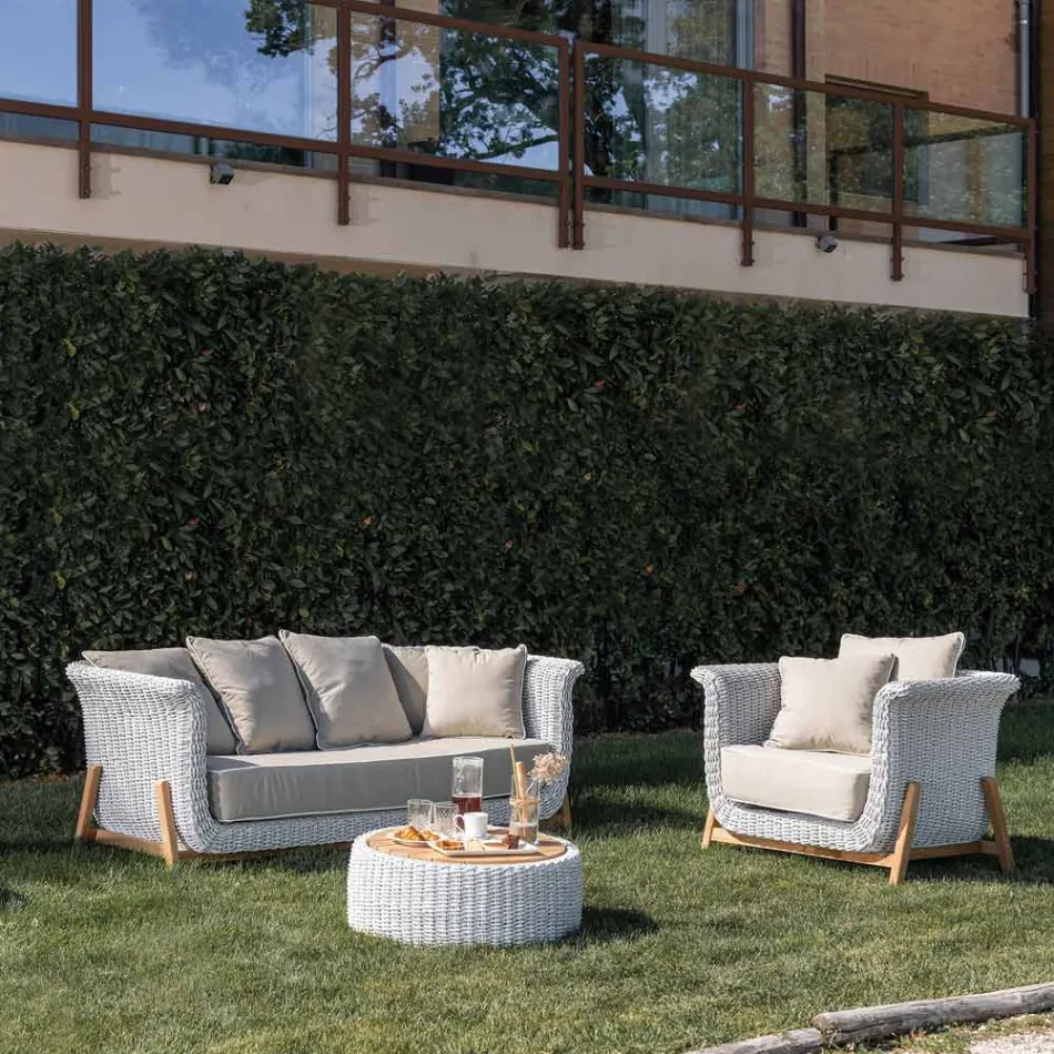 Divano da Giardino 3 Posti in Teak ed Intreccio in Corda - Arjuna Viadurini