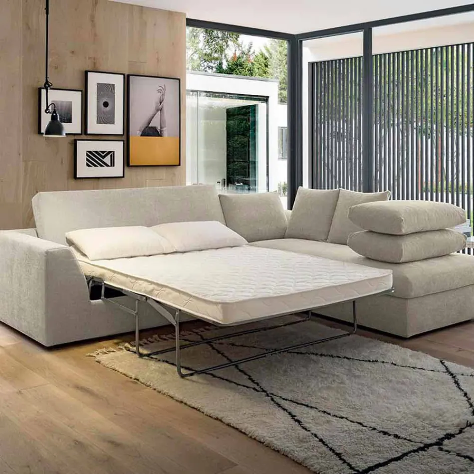 Divano Letto Angolare di Design in Tessuto Beige Realizzato in Italia - Ortensia Viadurini