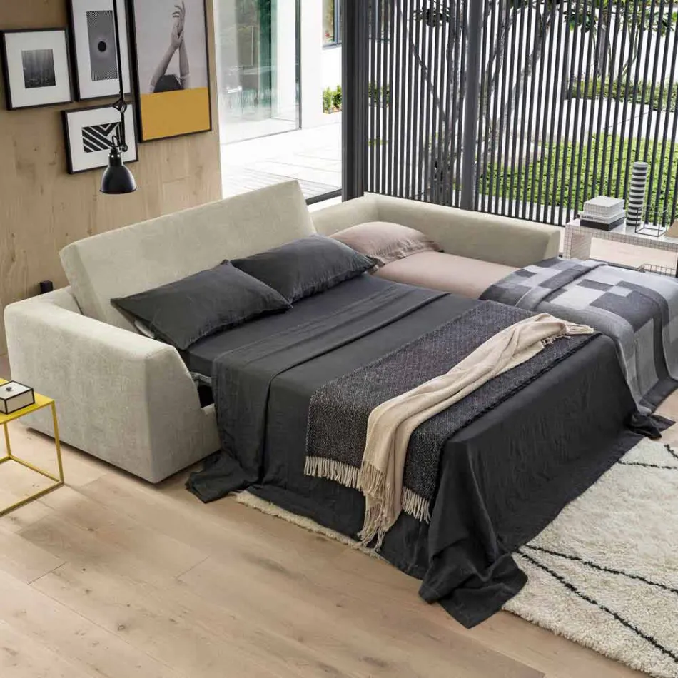 Divano Letto Angolare di Design in Tessuto Beige Realizzato in Italia - Ortensia Viadurini