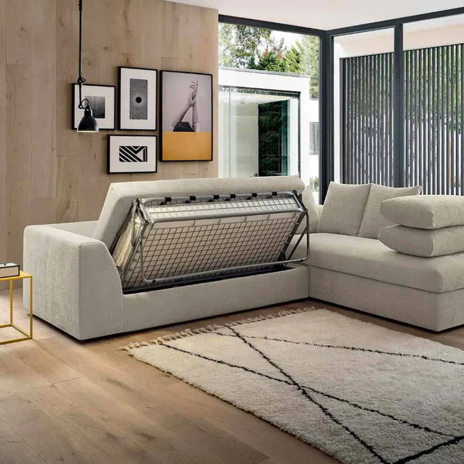 Divano Letto Angolare di Design in Tessuto Beige Realizzato in Italia - Ortensia Viadurini