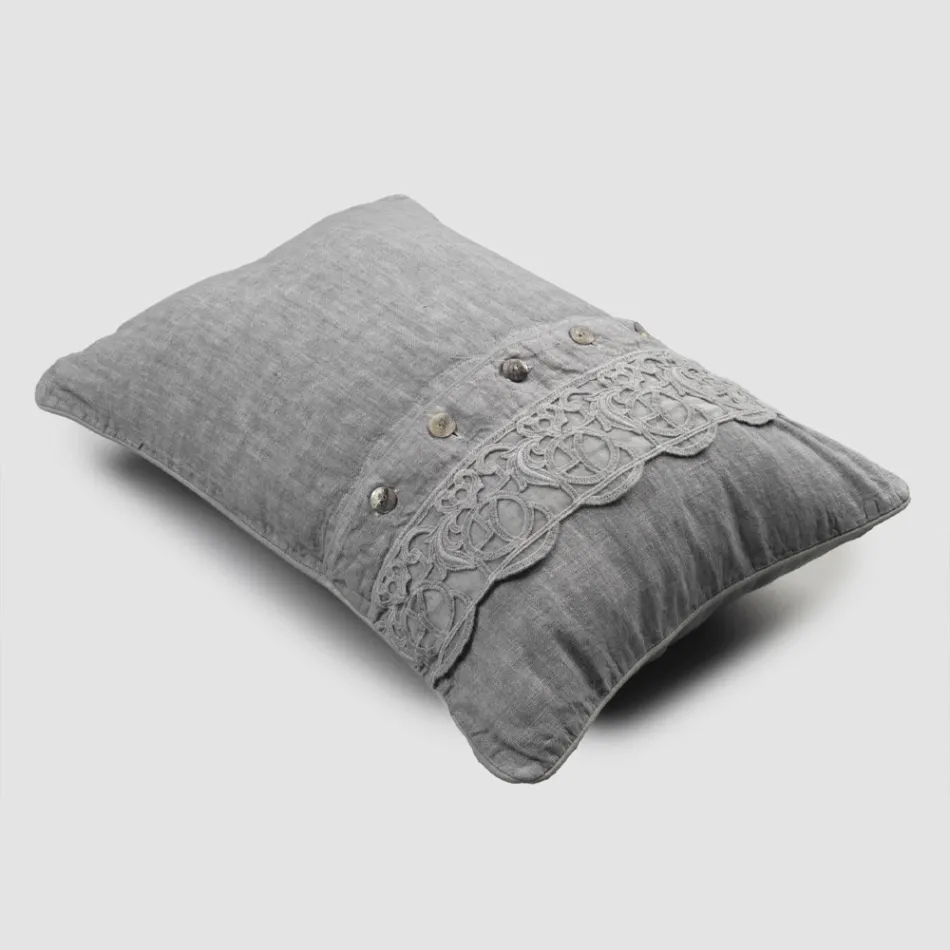 Federa Cuscini Letto in Lino Grigio con Pizzo Sinergia di Lusso Italiano - Stego Viadurini