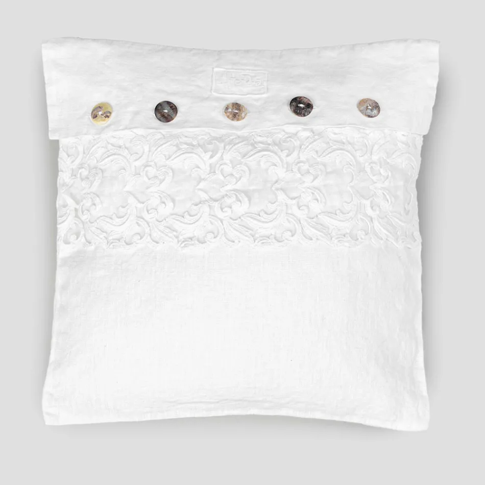 Federa Cuscino Quadrato Bianca con Pizzo e Bottoni Lusso Italiano - Logos Viadurini