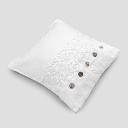 Federa Cuscino Quadrato Bianca con Pizzo e Bottoni Lusso Italiano - Logos Viadurini