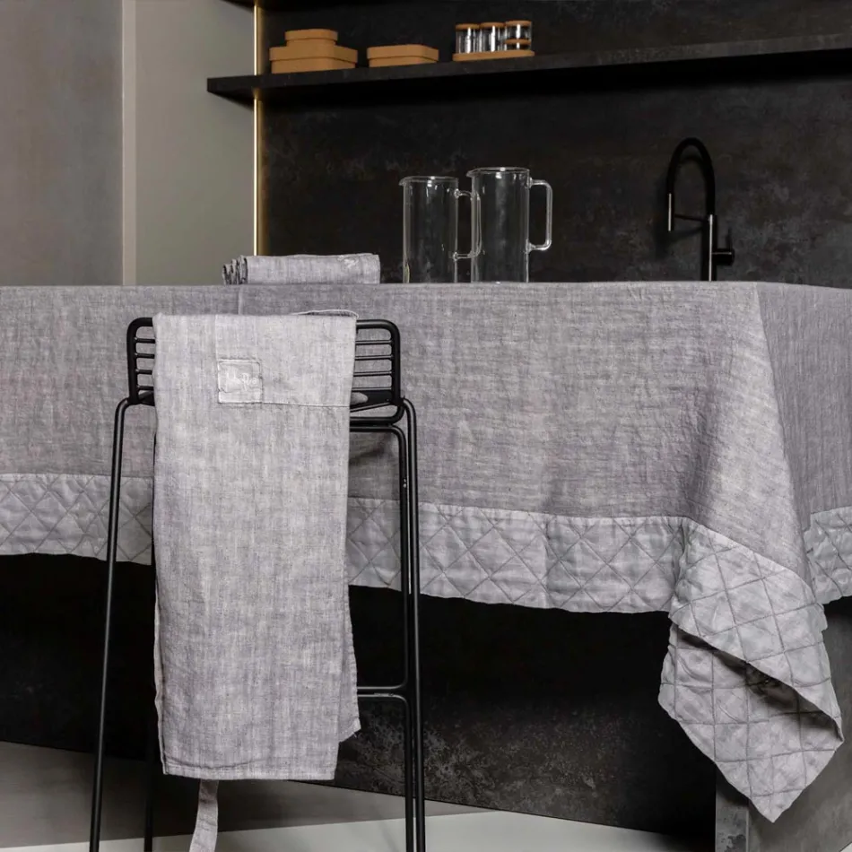 Grembiule da Cucina in Lino Grigio Antracite Modello Basso con Taschino - Flick Viadurini