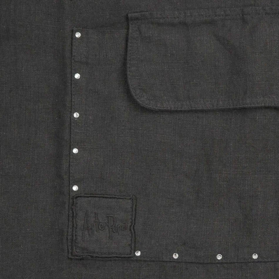 Grembiule da Cucina Lino Nero con Cristalli Modello Basso con Taschino - Click Viadurini
