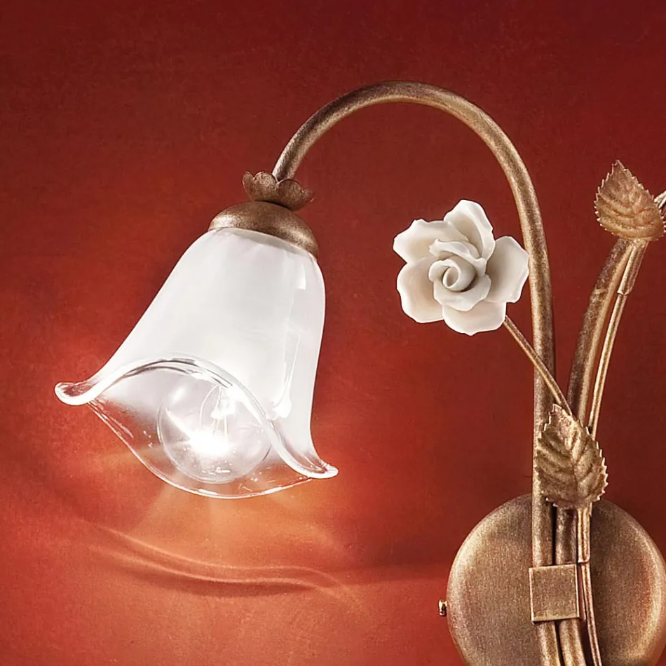 Lampada a Parete 2 Luci in Ferro e Vetro con Rosa in Ceramica - Siena Viadurini
