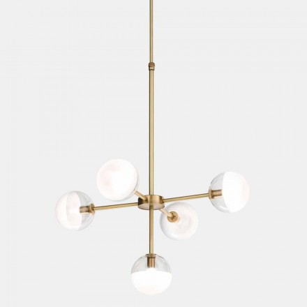 Lampada a Sospensione 5 Luci in Ottone Naturale e Vetro - Molecola by Il Fanale Viadurini
