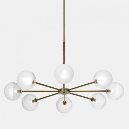 Lampada a Sospensione 8 Luci in Ottone Naturale e Vetro - Molecola by Il Fanale Viadurini