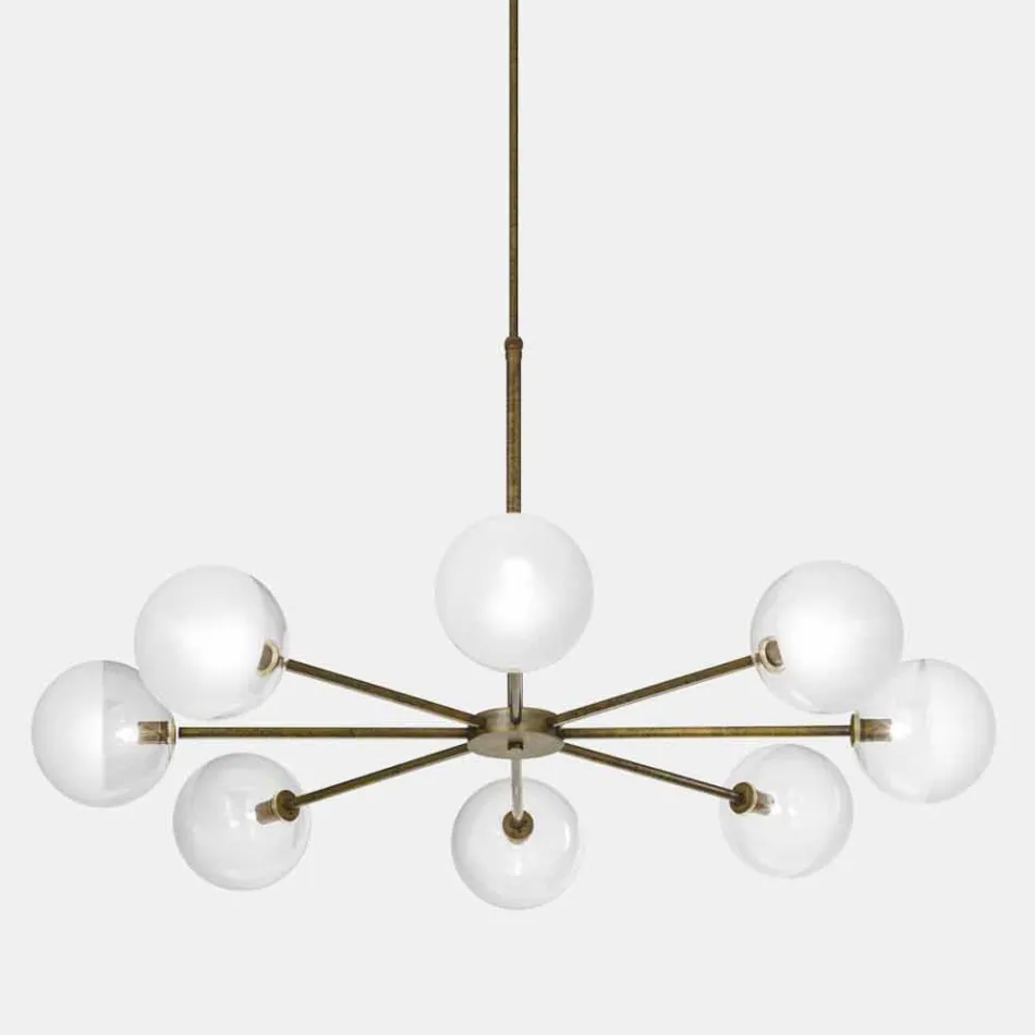 Lampada a Sospensione 8 Luci in Ottone Naturale e Vetro - Molecola by Il Fanale Viadurini