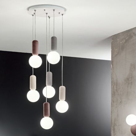 Lampada a Sospensione a 6 o 10 Luci in Cemento e Vetro Soffiato - Duster Viadurini