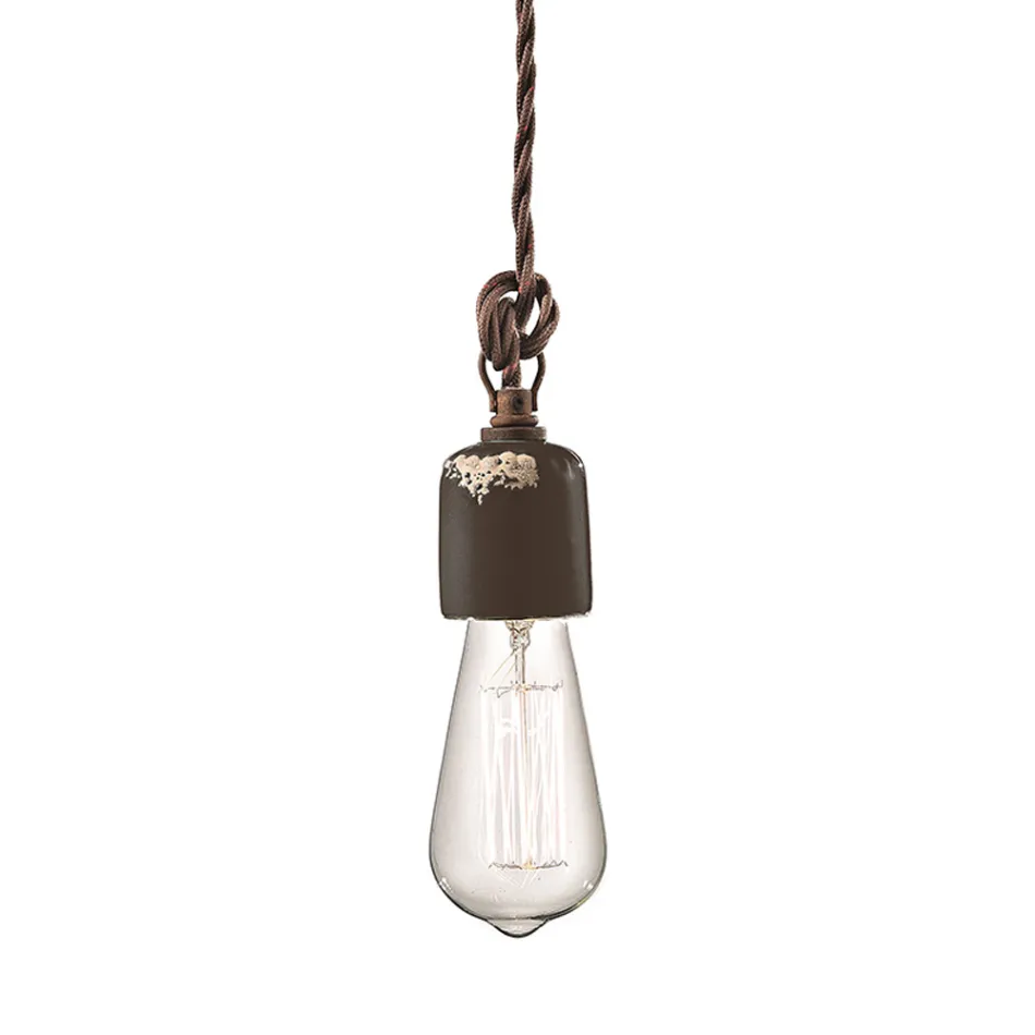 Lampada a Sospensione Artigianale Industriale in Ferro e Ceramica - Vintage Viadurini