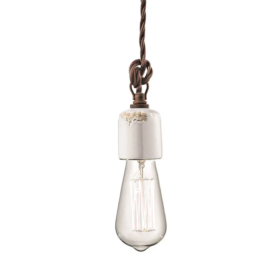 Lampada a Sospensione Artigianale Industriale in Ferro e Ceramica - Vintage Viadurini