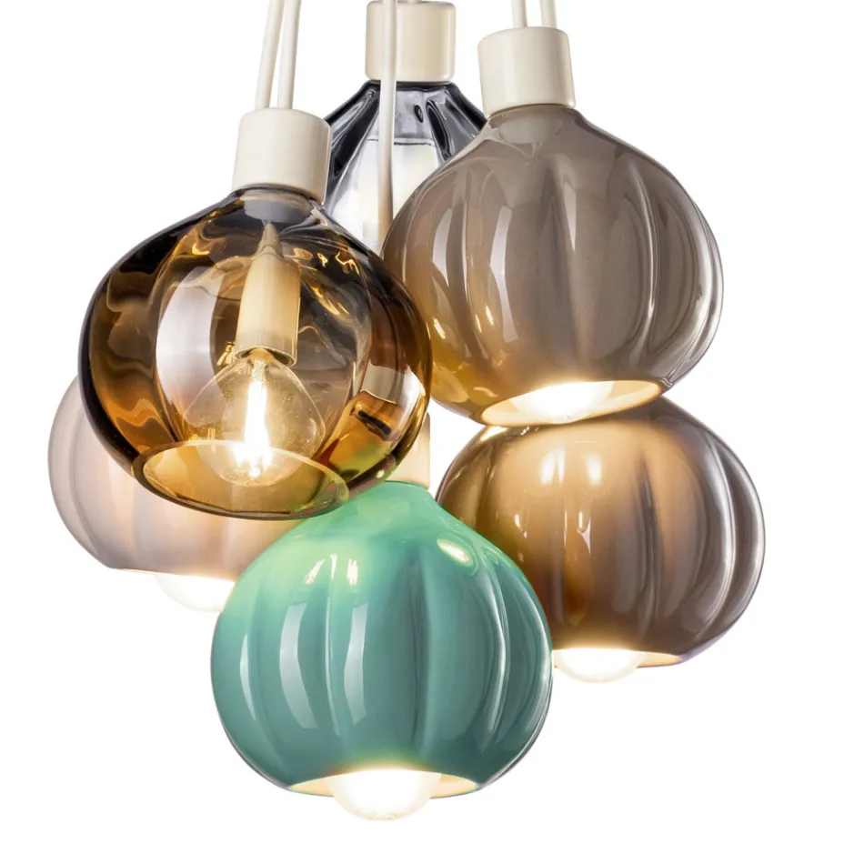 Lampada a Sospensione con 6 Elementi in Ceramica e Vetro Made in Italy - Afoxe Viadurini