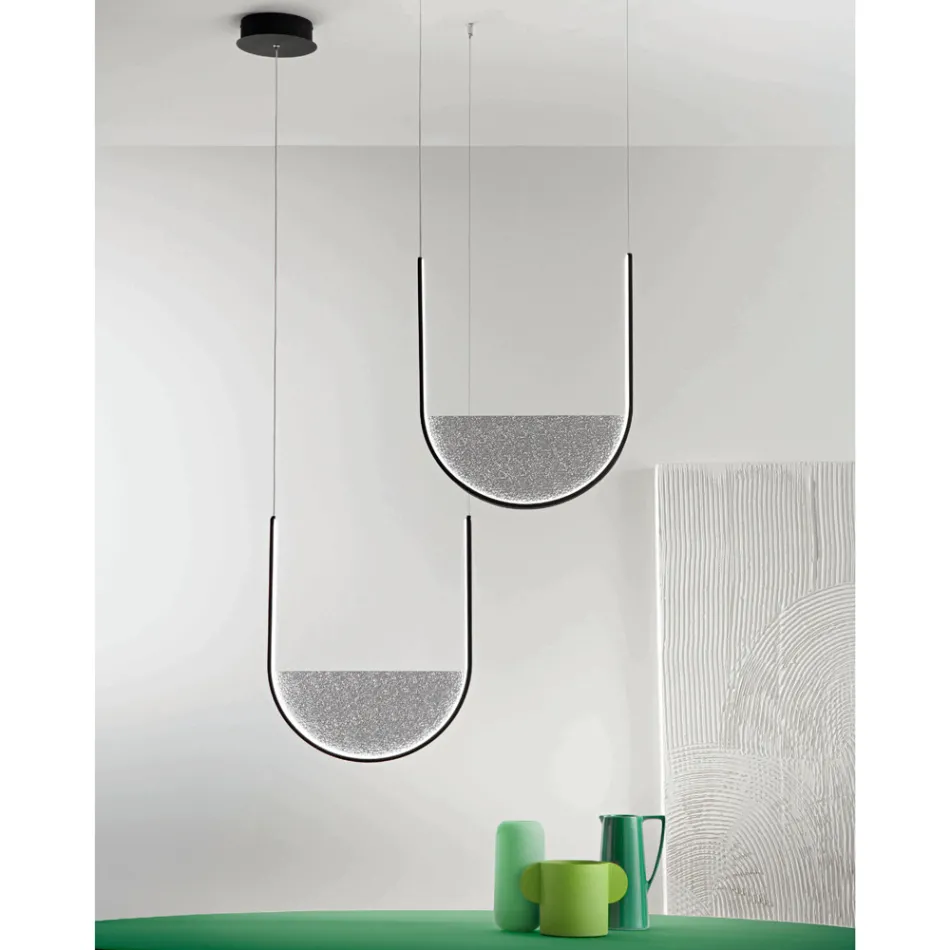 Lampada a Sospensione con Inserto Amovibile in Vetro Granigliato - Catalpa Viadurini