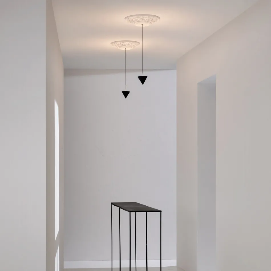 Lampada a Sospensione Design Gesso Bianco e Alluminio Nero 1 Cono - Tesera Viadurini