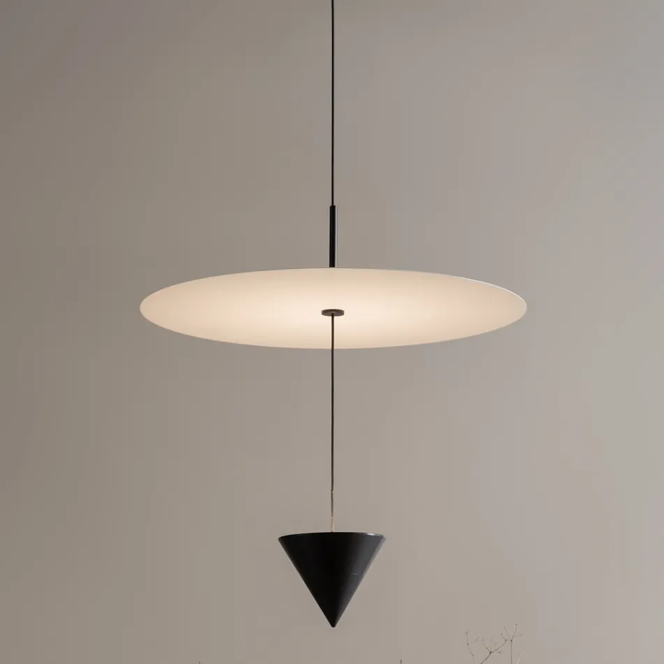 Lampada a Sospensione in Alluminio con Piatto Bianco e Cono Nero - Padel Viadurini