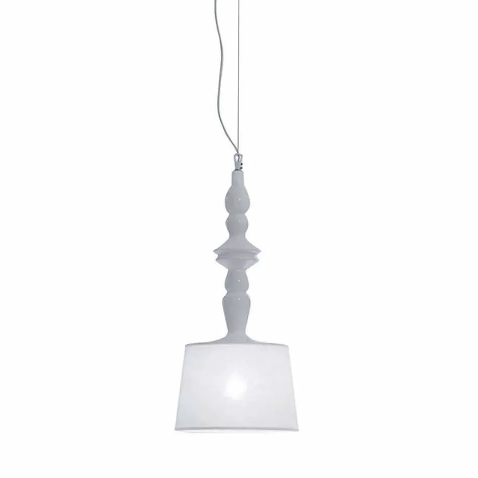 Lampada a Sospensione in Ceramica Bianca Paralume in Lino Corto Design - Cadabra Viadurini