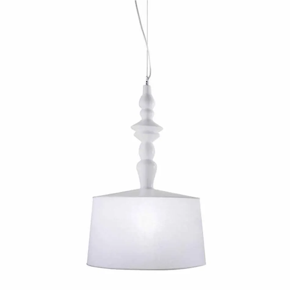 Lampada a Sospensione in Ceramica Bianca Paralume in Lino Corto Design - Cadabra Viadurini