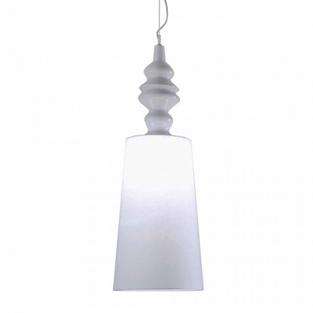 Lampada a Sospensione in Ceramica Bianca Paralume in Lino Lungo Design - Cadabra Viadurini