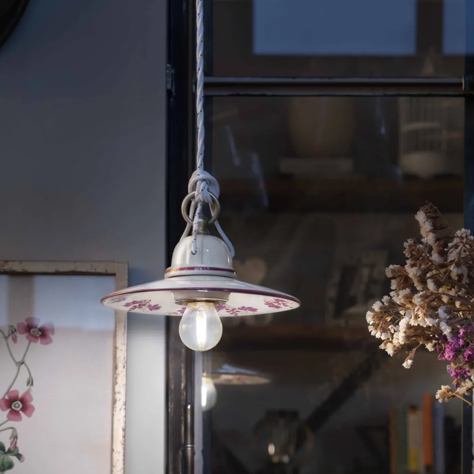 Lampada a Sospensione in Ceramica Dipinta a Mano e Ferro Design - Asti Viadurini