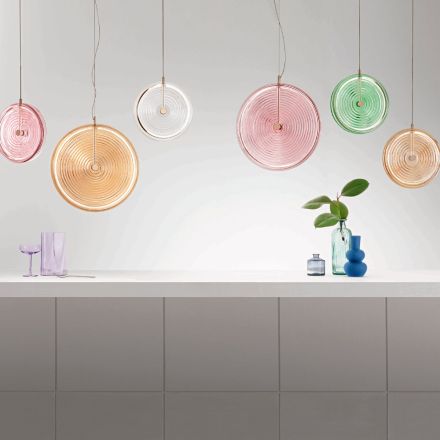 Lampada a Sospensione in Metallo e Vetro Decorato a Righe Concentriche - Bagolaro Viadurini