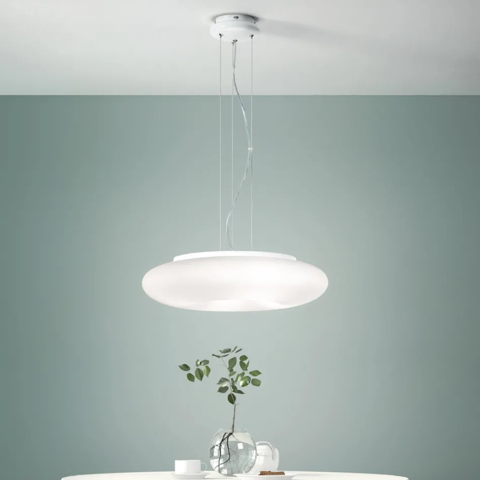 Lampada a Sospensione in Vetro Bianco Soffiato e Metallo Cromato - Ariana Viadurini