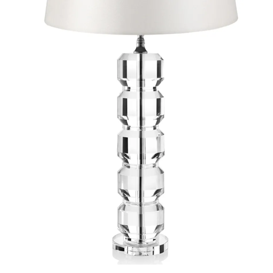 Lampada da Appoggio Base in Cristallo e Paralume Cilindrico in Tessuto - Crocca Viadurini