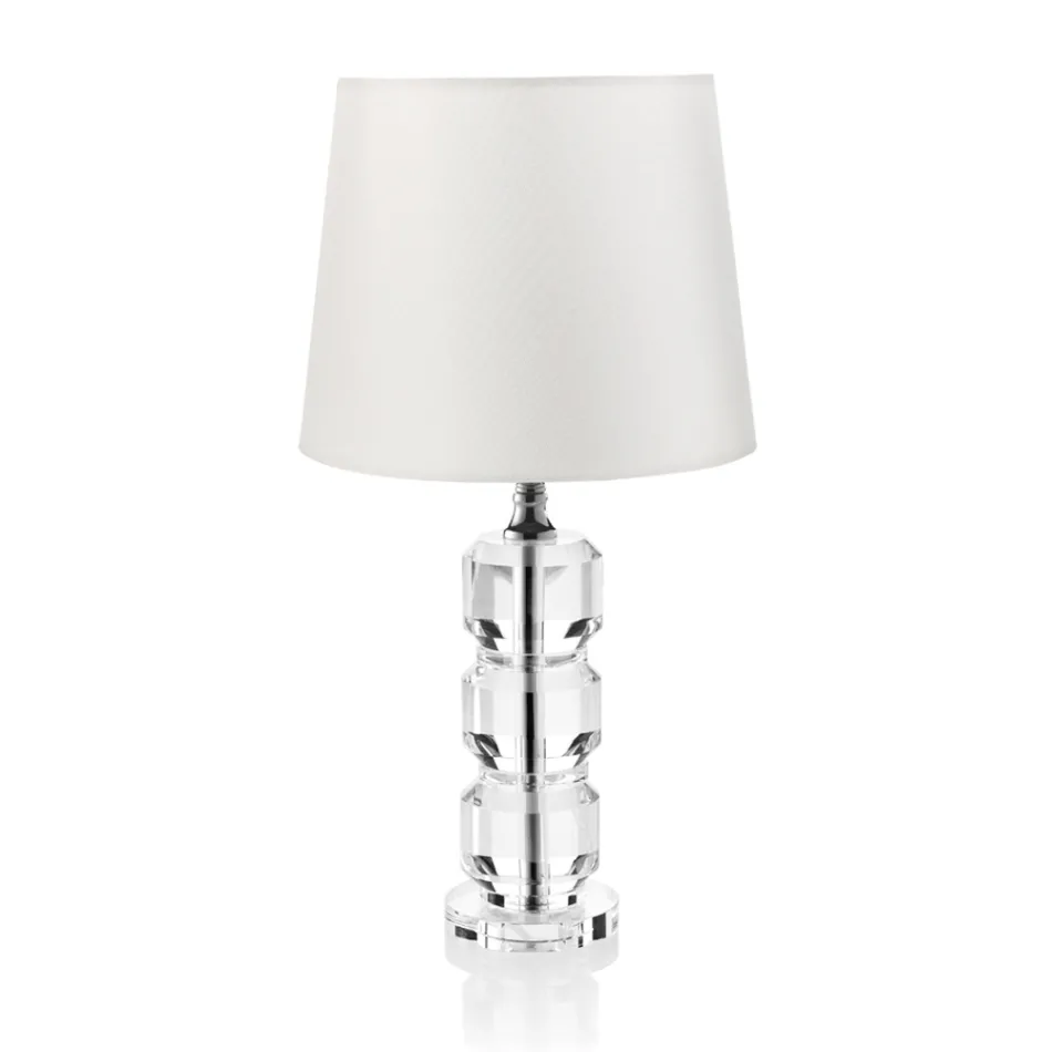 Lampada da Appoggio Base in Cristallo e Paralume Cilindrico in Tessuto - Crocca Viadurini